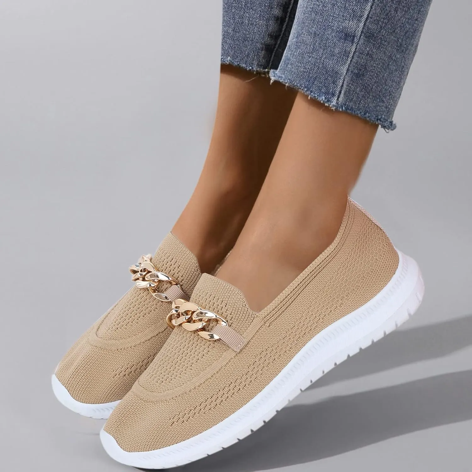 Womens Slip on Chain Decorative Casual Sport Shoes Woven Comfortable Breathable Lighweight Sneakers for Alll Day Wear Soft Sole Outdoor Walking Shoes for Women