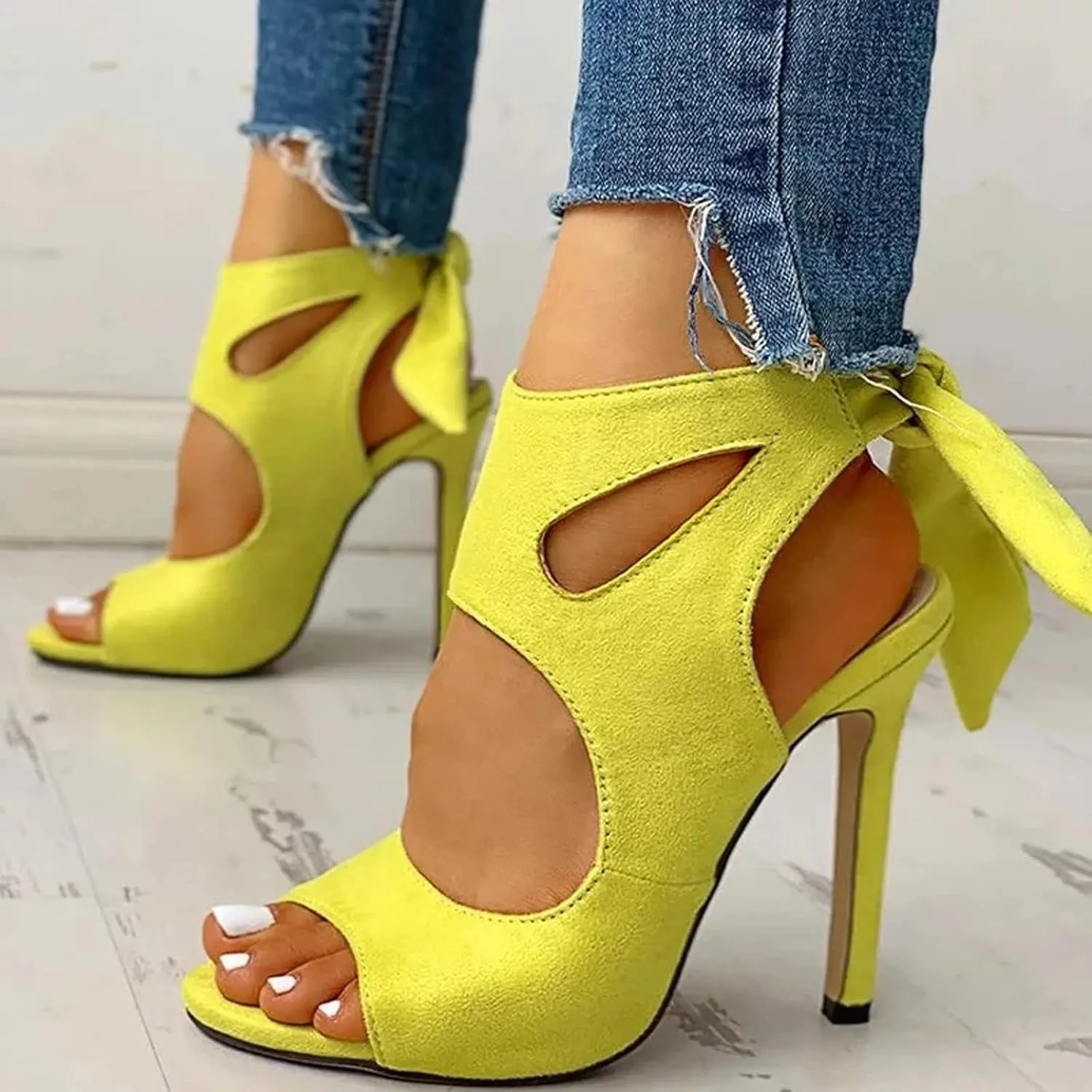 Womens Suede Super High Heel Sandals Fish Mouth Hollow Open Toe Strap Back Lace Up Stilettos Summer Sandal Shoes