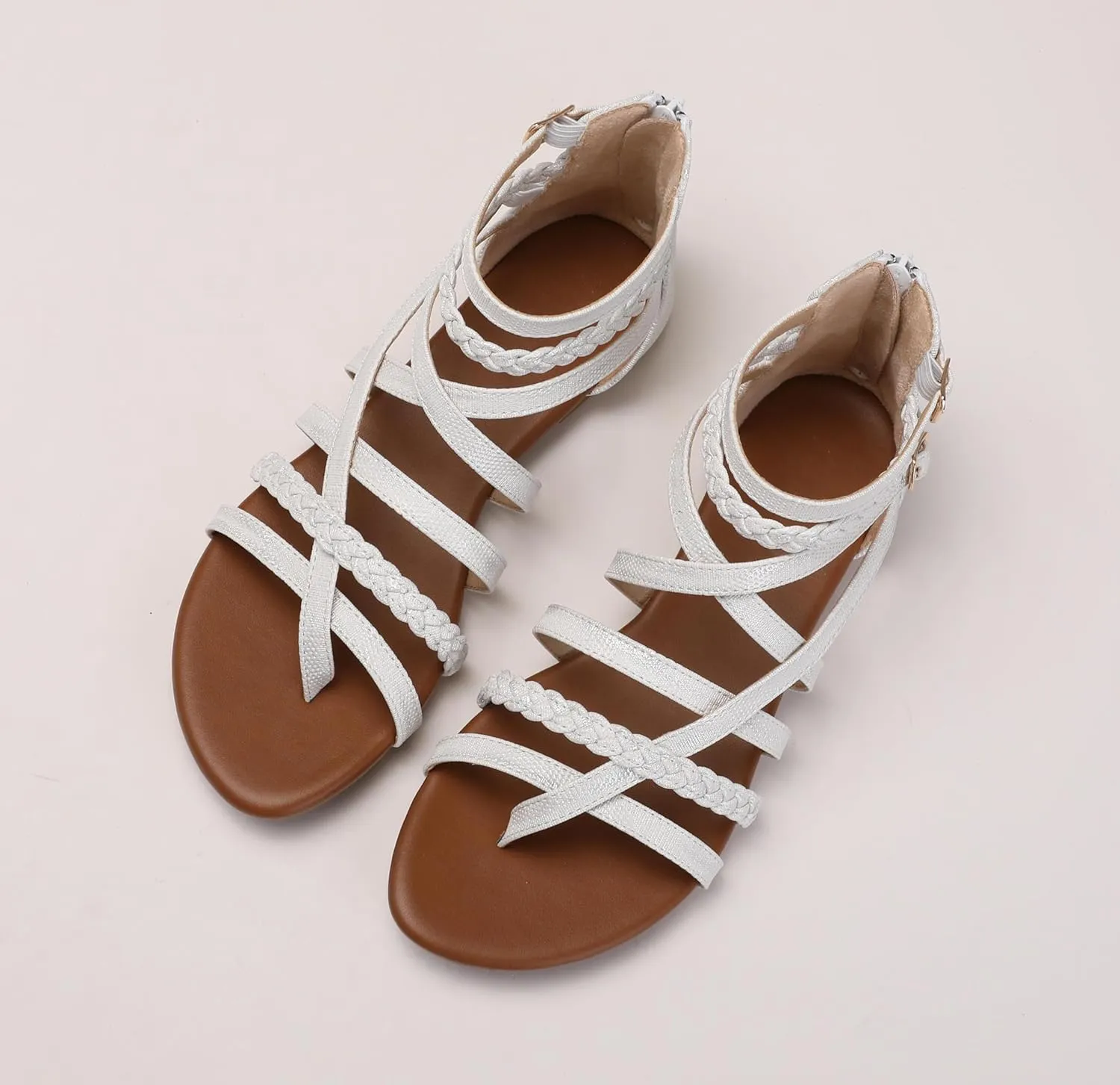 Women's Summer Strappy Flat Sandals Ankle Strap Gladiator Shoes Open Toe Sparkly Straps Dressy Fisherman Thong Sandals for Walking Beach Vacation