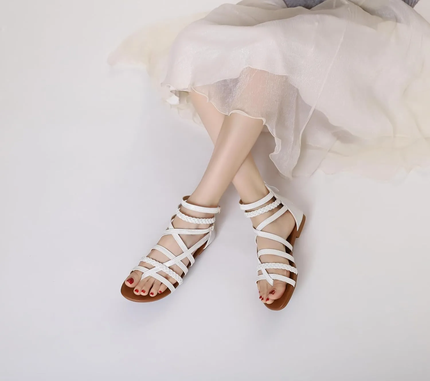 Women's Summer Strappy Flat Sandals Ankle Strap Gladiator Shoes Open Toe Sparkly Straps Dressy Fisherman Thong Sandals for Walking Beach Vacation