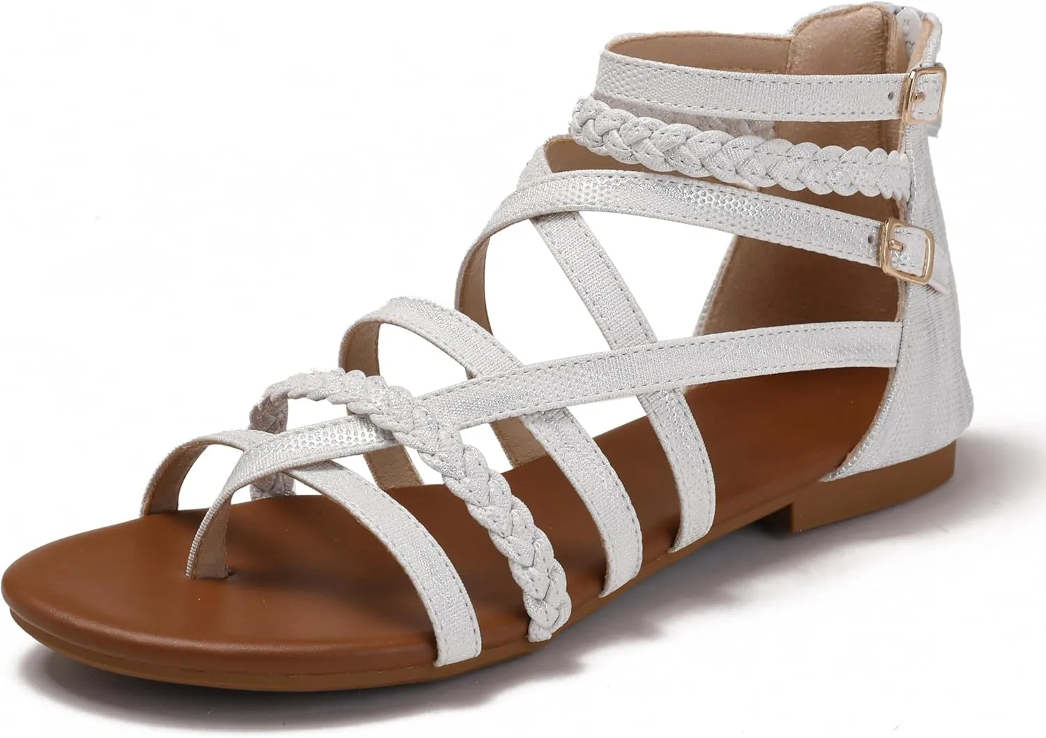 Women's Summer Strappy Flat Sandals Ankle Strap Gladiator Shoes Open Toe Sparkly Straps Dressy Fisherman Thong Sandals for Walking Beach Vacation