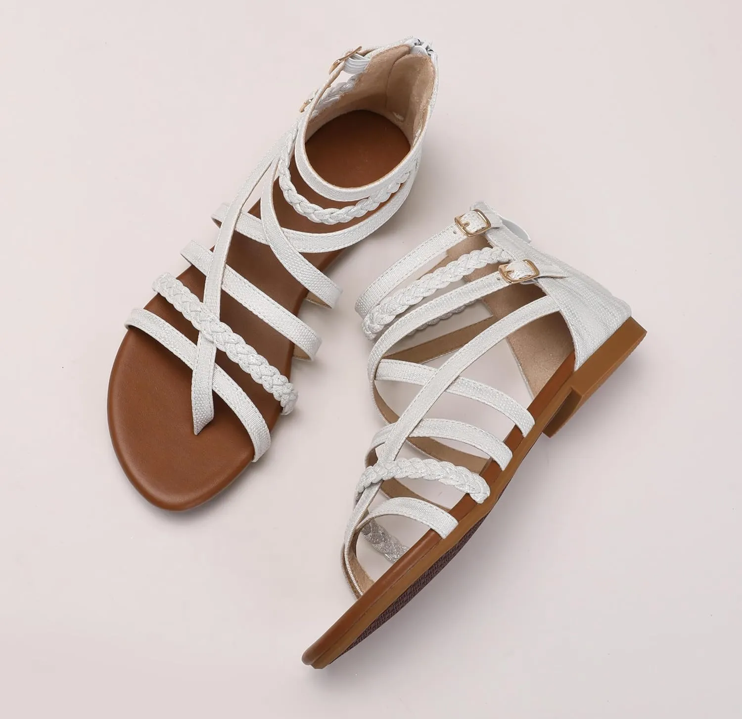 Women's Summer Strappy Flat Sandals Ankle Strap Gladiator Shoes Open Toe Sparkly Straps Dressy Fisherman Thong Sandals for Walking Beach Vacation