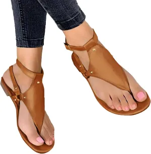 Women's Thong Flat Sandals, Comfortable Flip Flops T-Strap Dress Sandals with Adjustable Ankle Strap Leather Strappy Slip On Summer Shoes Beach Dressy Casual Slides