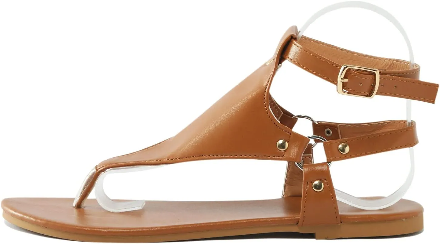Women's Thong Flat Sandals, Comfortable Flip Flops T-Strap Dress Sandals with Adjustable Ankle Strap Leather Strappy Slip On Summer Shoes Beach Dressy Casual Slides