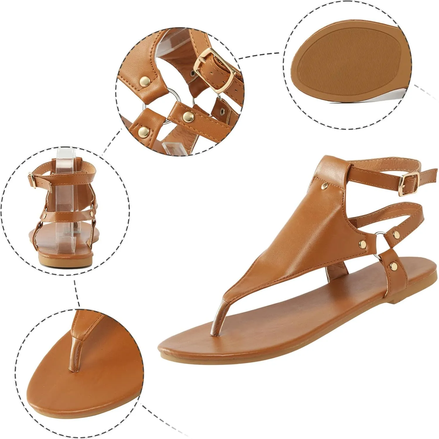 Women's Thong Flat Sandals, Comfortable Flip Flops T-Strap Dress Sandals with Adjustable Ankle Strap Leather Strappy Slip On Summer Shoes Beach Dressy Casual Slides