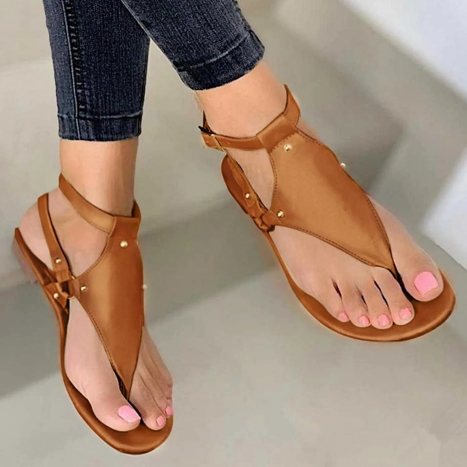 Women's Thong Flat Sandals, Comfortable Flip Flops T-Strap Dress Sandals with Adjustable Ankle Strap Leather Strappy Slip On Summer Shoes Beach Dressy Casual Slides