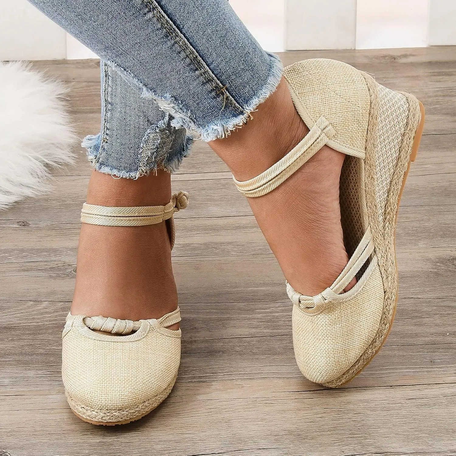Womens Wedge Sandals Espadrille Closed Toe Non Slip Wedge Heels Sandals Casual Ankle Strap Canvas for Women Dressy Summer for Walking Vacation