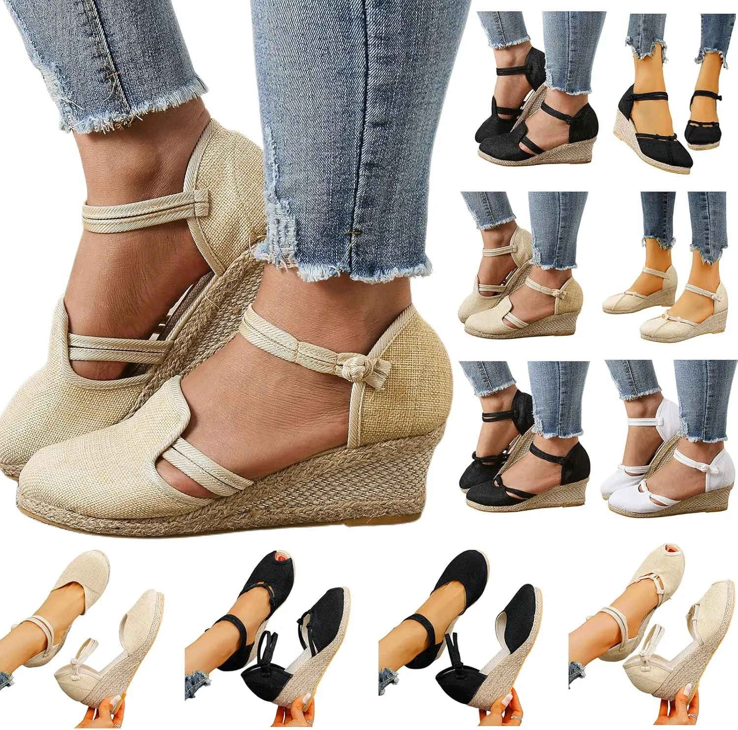 Womens Wedge Sandals Espadrille Closed Toe Non Slip Wedge Heels Sandals Casual Ankle Strap Canvas for Women Dressy Summer for Walking Vacation