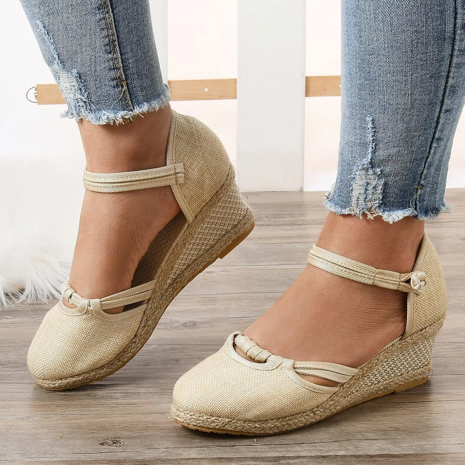 Womens Wedge Sandals Espadrille Closed Toe Non Slip Wedge Heels Sandals Casual Ankle Strap Canvas for Women Dressy Summer for Walking Vacation
