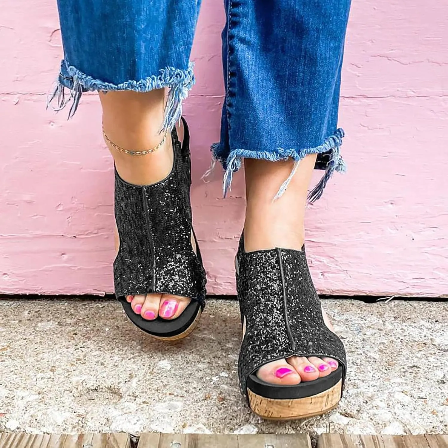 Women's Wedge Sandals Open Toe Slides Platform Sandals Adjustable Hook and Loop Closure Wedge Heels Sandals Fashion Bling All-Match Casual Dressy Summer Shoes