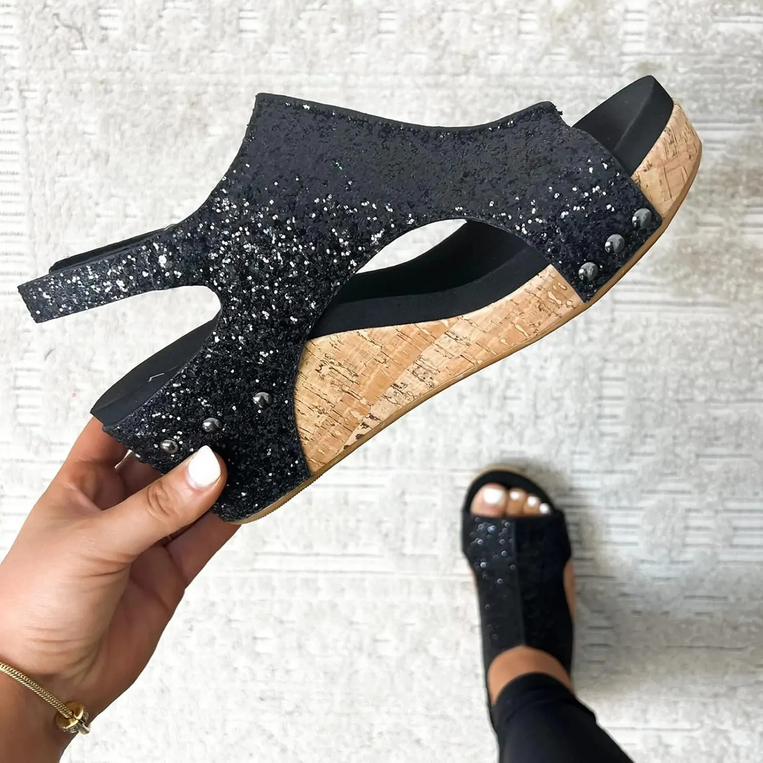 Women's Wedge Sandals Open Toe Slides Platform Sandals Adjustable Hook and Loop Closure Wedge Heels Sandals Fashion Bling All-Match Casual Dressy Summer Shoes