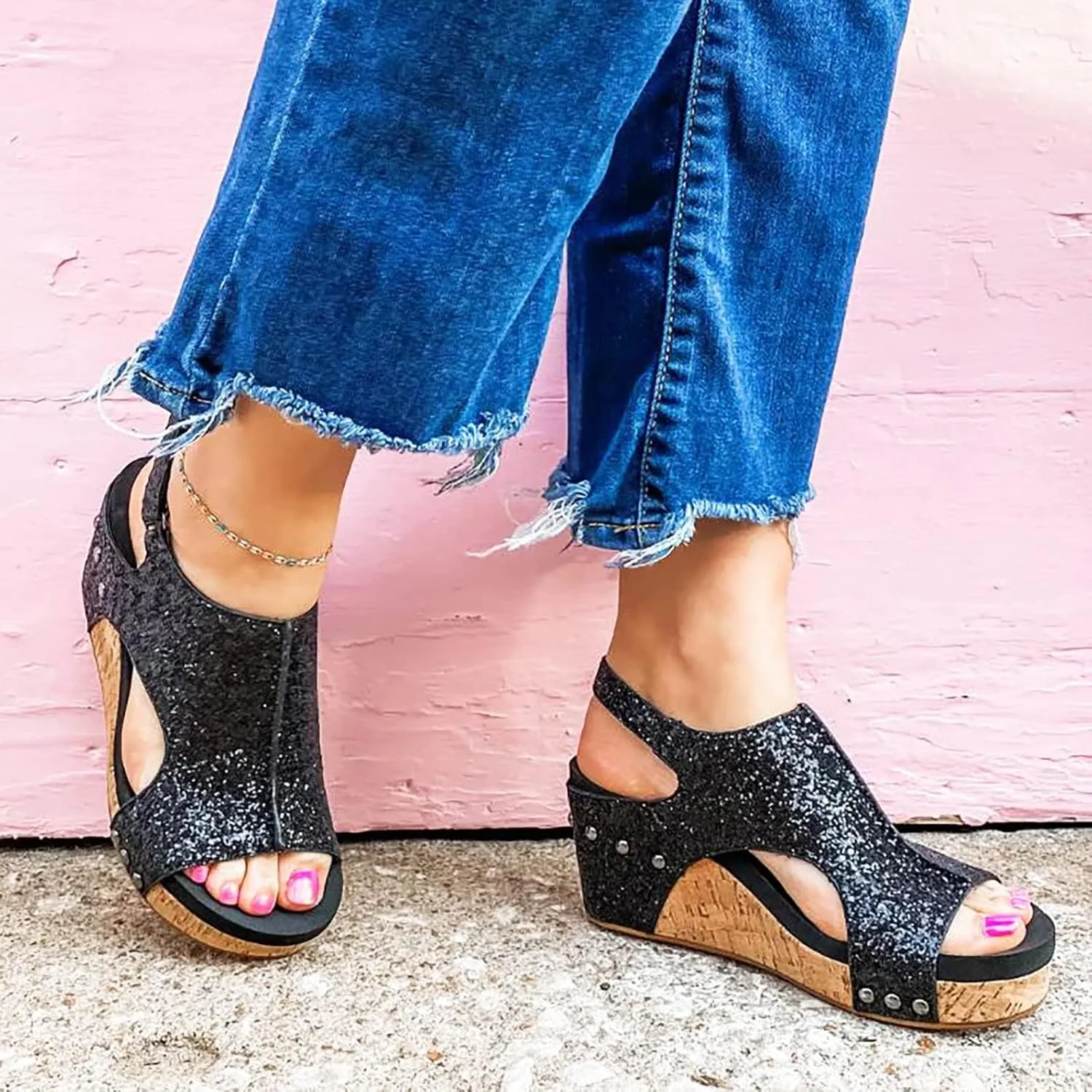 Women's Wedge Sandals Open Toe Slides Platform Sandals Adjustable Hook and Loop Closure Wedge Heels Sandals Fashion Bling All-Match Casual Dressy Summer Shoes