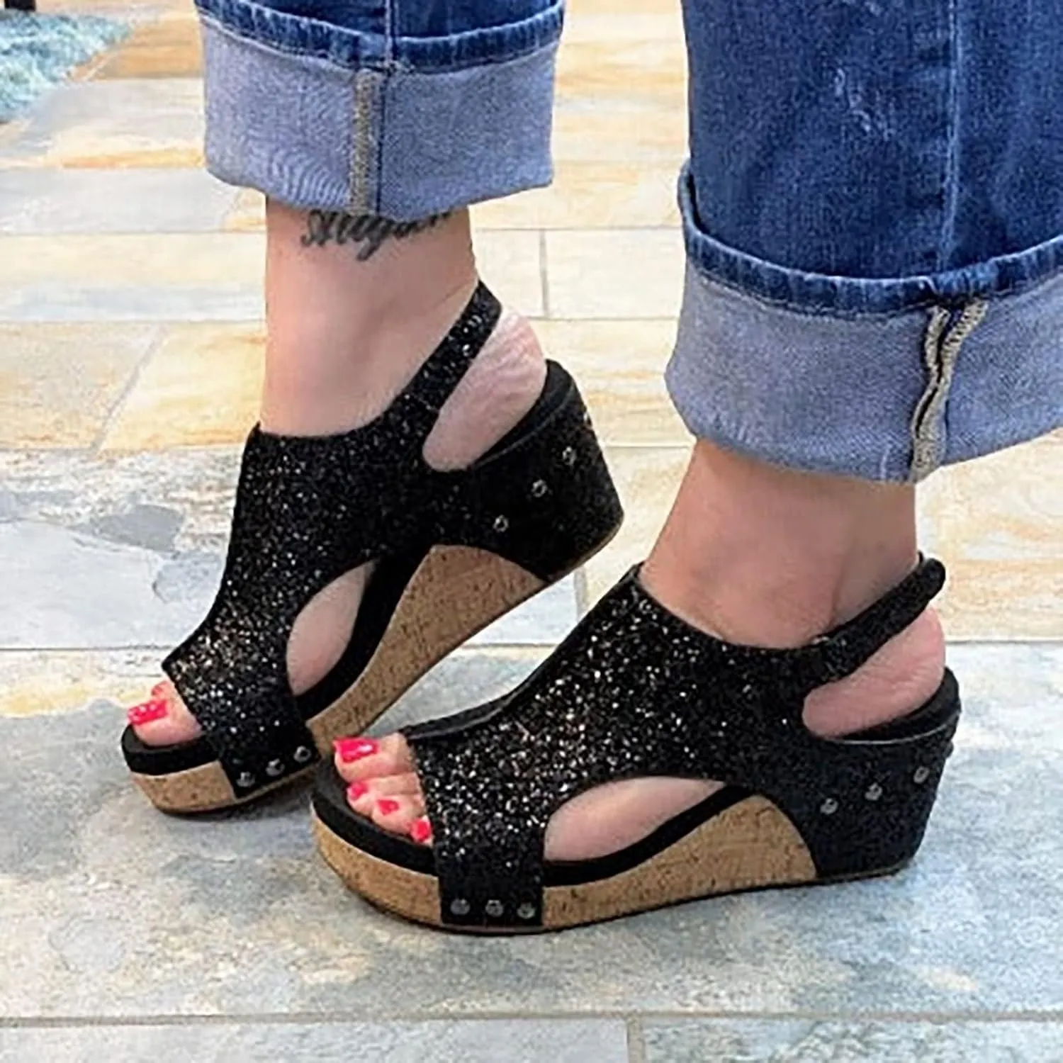 Women's Wedge Sandals Open Toe Slides Platform Sandals Adjustable Hook and Loop Closure Wedge Heels Sandals Fashion Bling All-Match Casual Dressy Summer Shoes