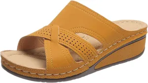 Women's Wedge Sandals Summer Arch Support Slip On Flat Slides Open Toe Dressy Platform Sandal Shoes