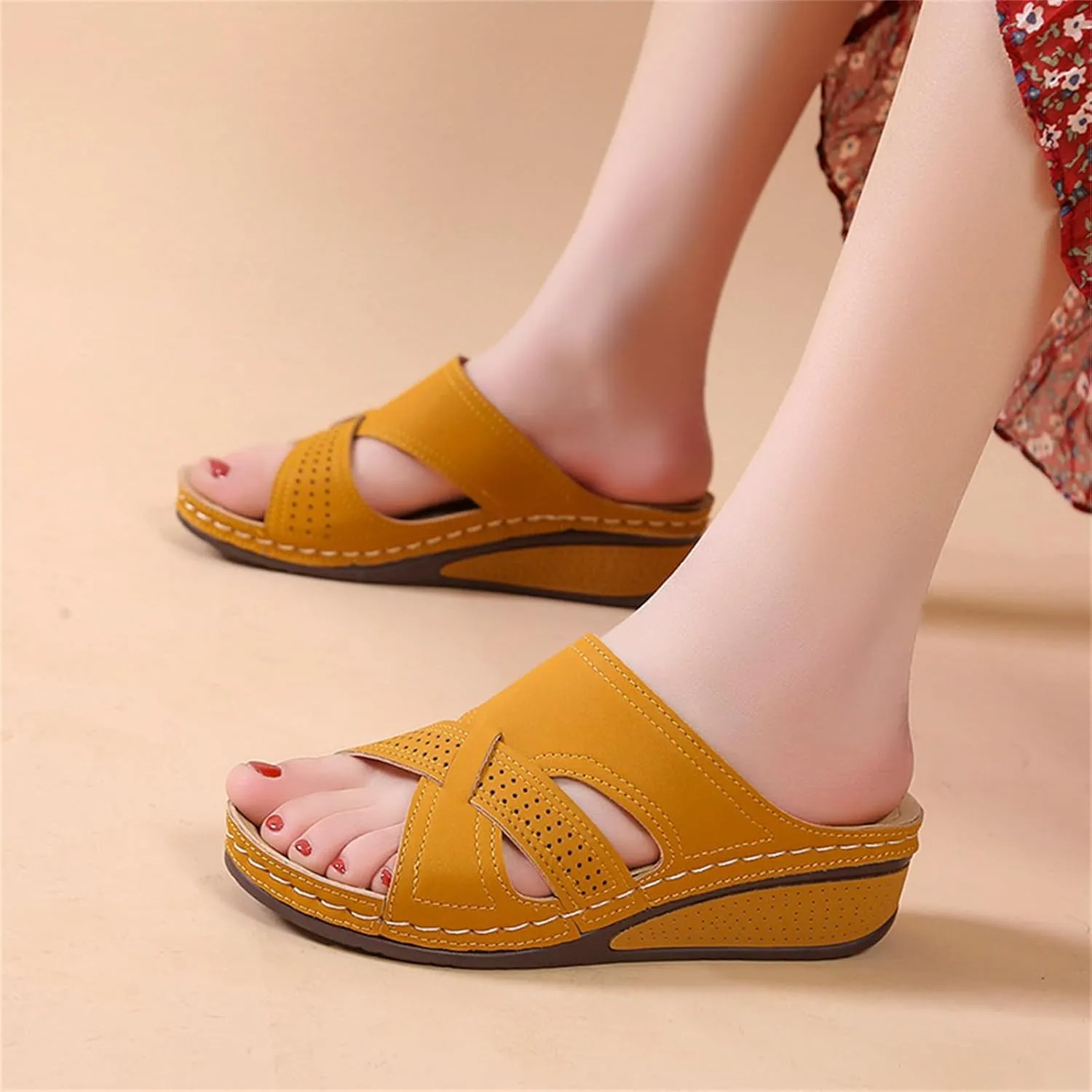 Women's Wedge Sandals Summer Arch Support Slip On Flat Slides Open Toe Dressy Platform Sandal Shoes