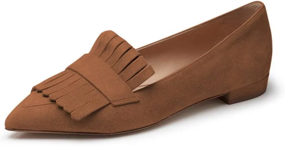 XYD Women Vintage Fringe Dress Flats Pointy Closed Toe Slip Ons Driver Loafers Chunky Low Heel Casual Shoes