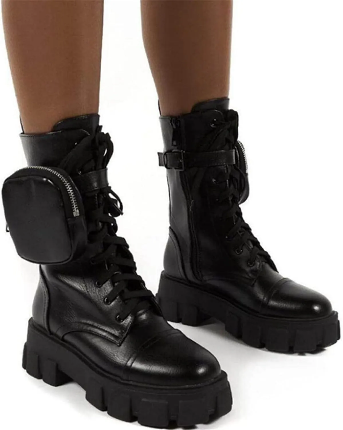 ZBYY Combat Boots for Women,Winter Platform Mid Heel Boots Chunky Low Heels Lace Up Buckle High Tops Booties