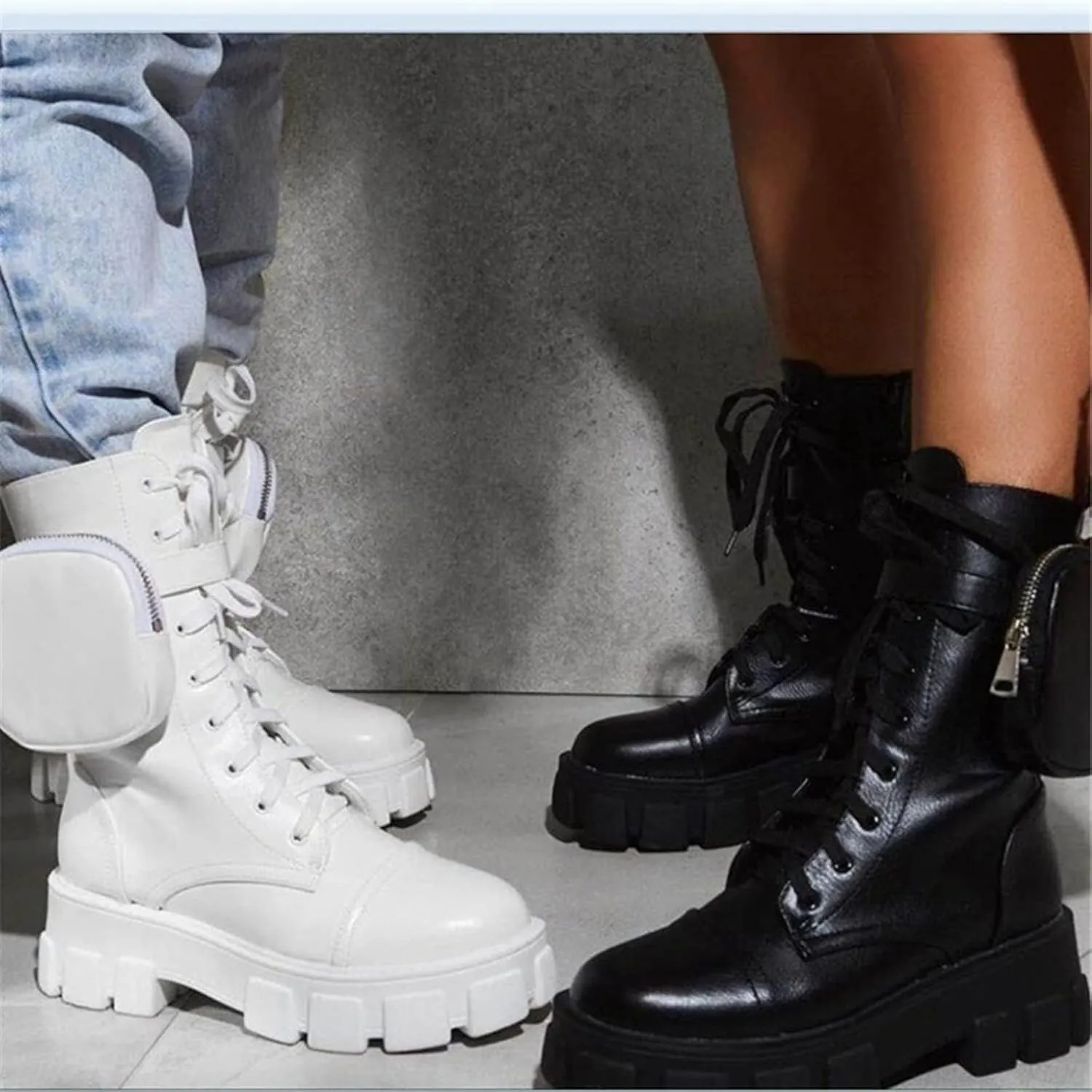 ZBYY Combat Boots for Women,Winter Platform Mid Heel Boots Chunky Low Heels Lace Up Buckle High Tops Booties