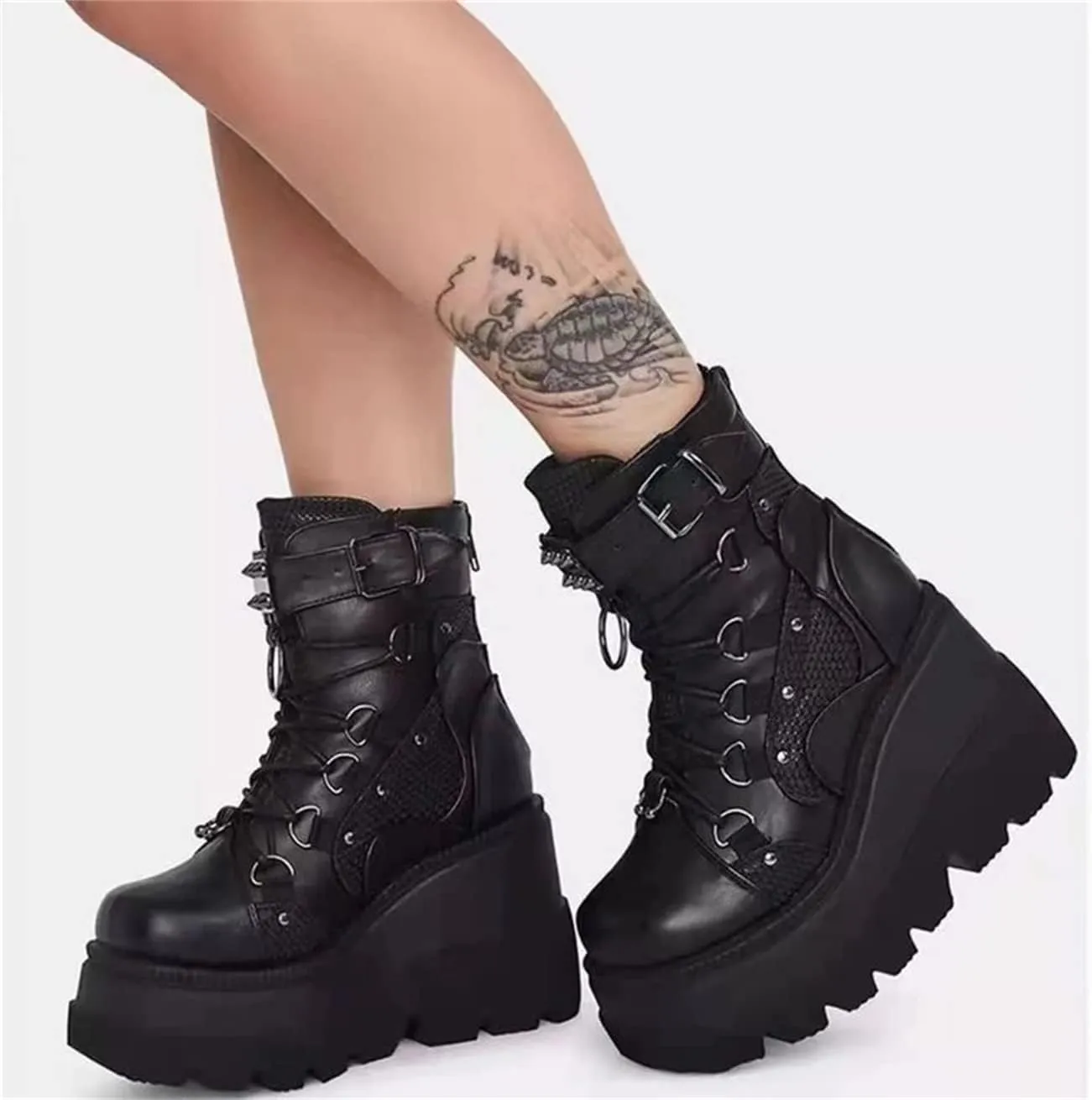 ZBYY Women's Combat Ankle Boots Zipper Lace Up Chunky Military Platform Shoes Wedge Heel Studded Goth Mid Calf Combat Booties