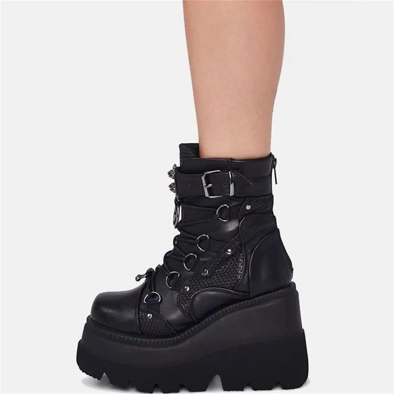 ZBYY Women's Combat Ankle Boots Zipper Lace Up Chunky Military Platform Shoes Wedge Heel Studded Goth Mid Calf Combat Booties