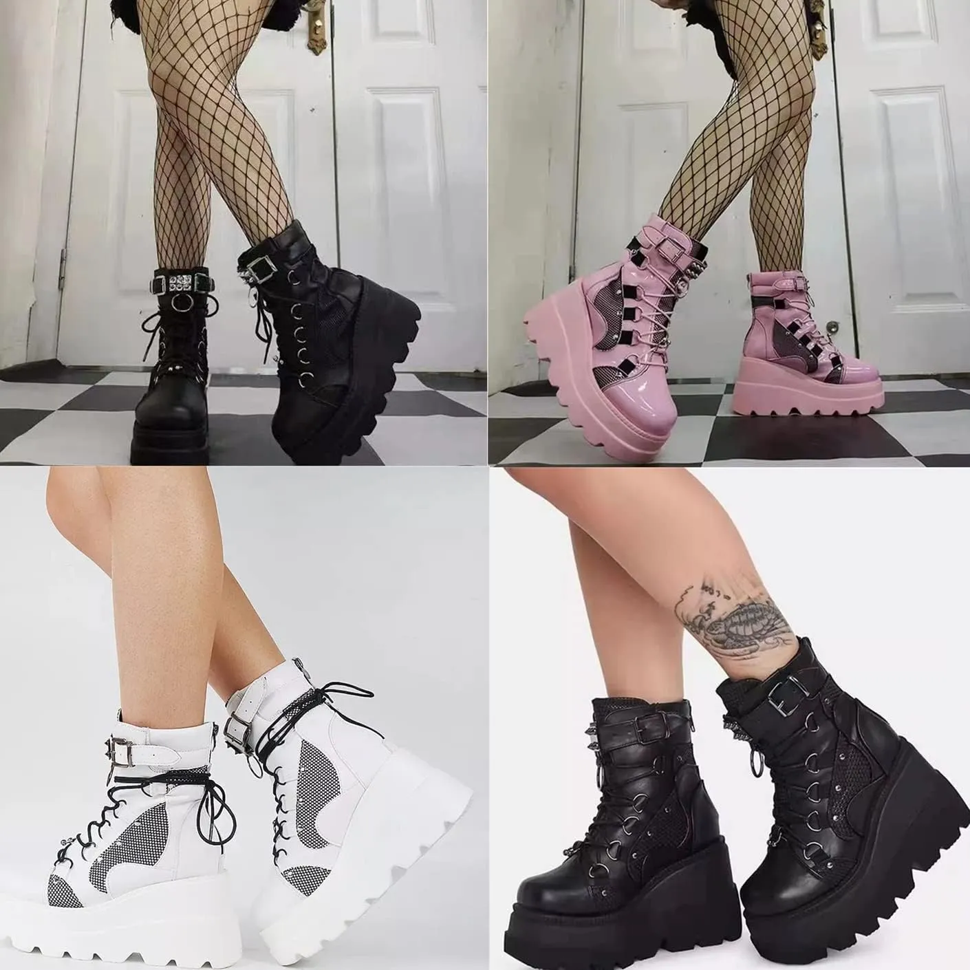 ZBYY Women's Combat Ankle Boots Zipper Lace Up Chunky Military Platform Shoes Wedge Heel Studded Goth Mid Calf Combat Booties