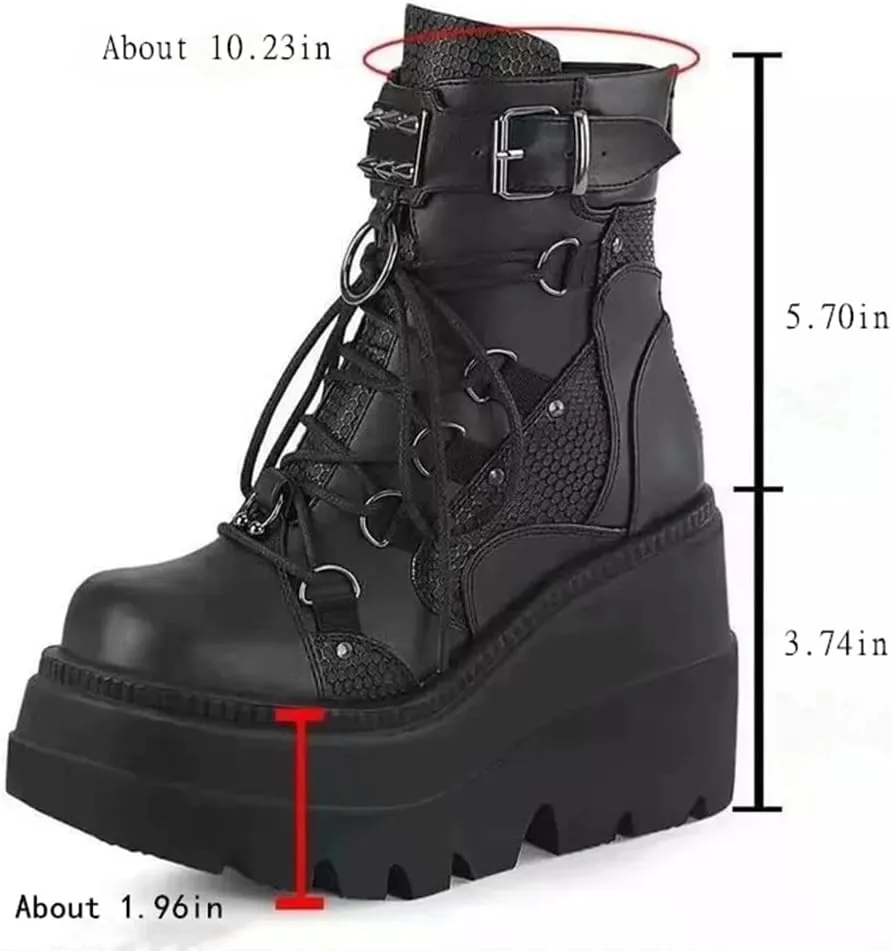 ZBYY Women's Combat Ankle Boots Zipper Lace Up Chunky Military Platform Shoes Wedge Heel Studded Goth Mid Calf Combat Booties