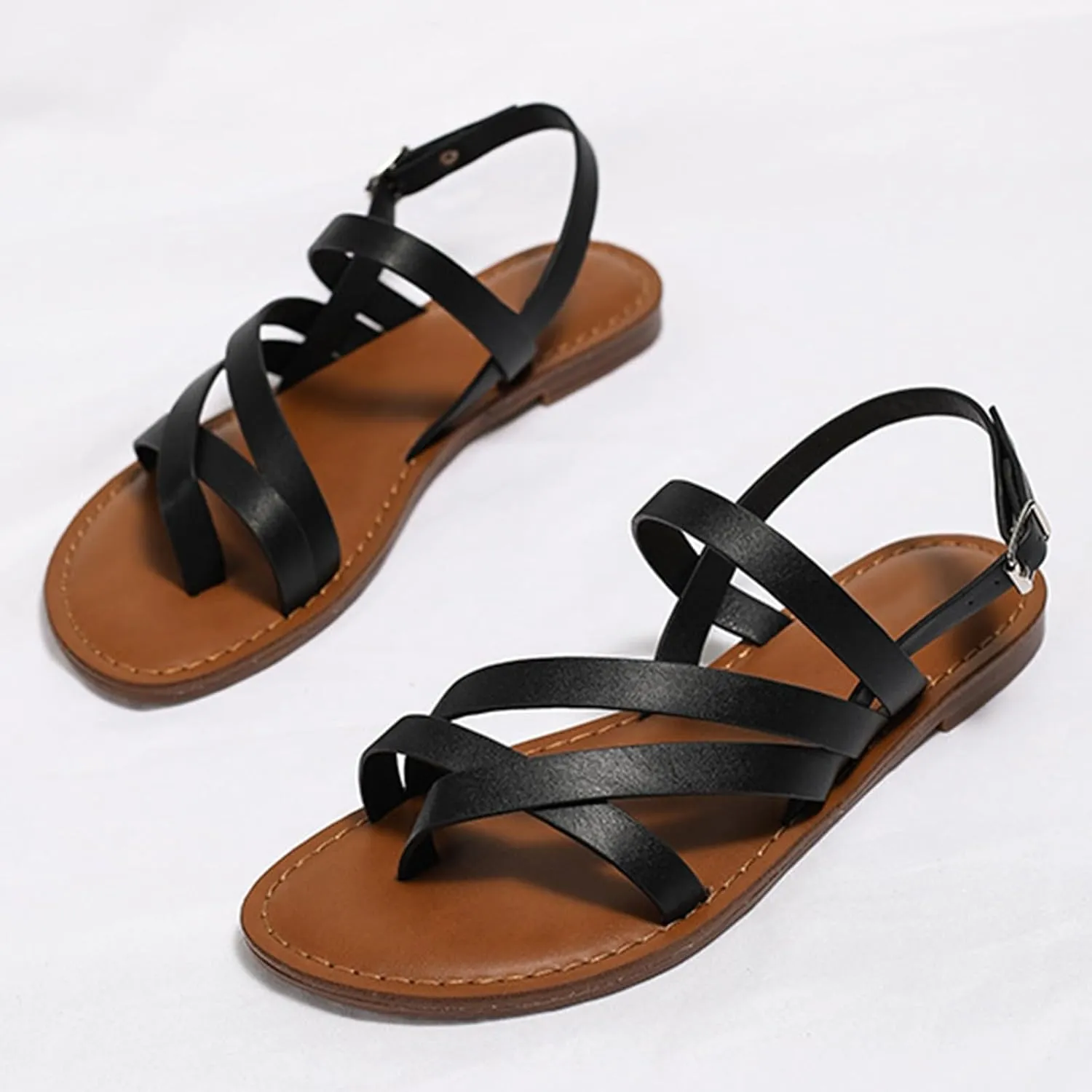 ZSpzx Women's Flat Sandals Faux Leather Ankle Strap Adjustable Sandal for Women Open Toes One Summer Dressy Toe Casual Strappy Comfortable Slides Cute Walking Beach Bohe Flip Flops for Daily Wear