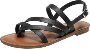 ZSpzx Women's Flat Sandals Faux Leather Ankle Strap Adjustable Sandal for Women Open Toes One Summer Dressy Toe Casual Strappy Comfortable Slides Cute Walking Beach Bohe Flip Flops for Daily Wear