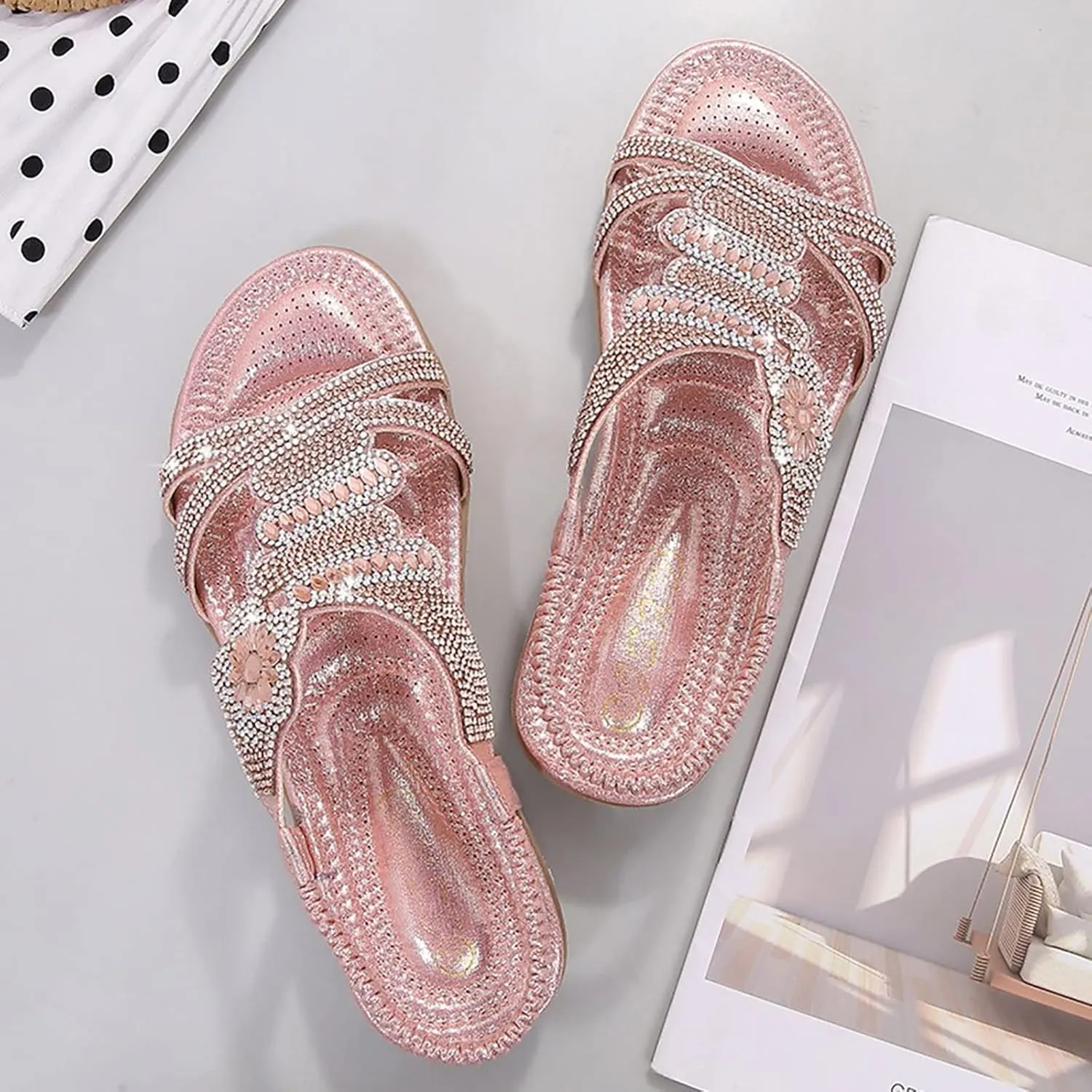 ZSpzx Womens Flat Sandals Flower Low Heel Dressy Elastic Ankle Strap Rhinestone Summer Comfortable Women's T-Strap Dress Open Toe Slip-On Casual Flowers Women Bohe Pearl Crystal Walking Beach Shoes