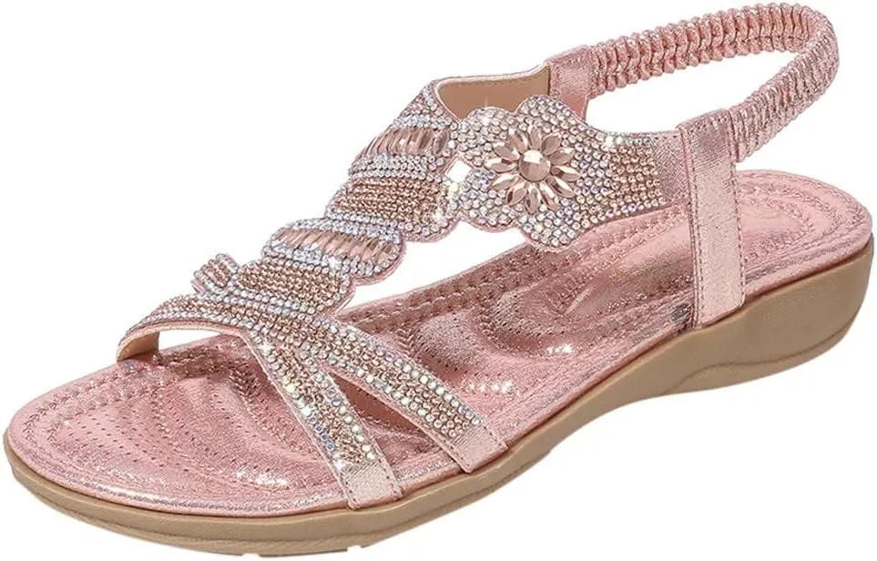 ZSpzx Womens Flat Sandals Flower Low Heel Dressy Elastic Ankle Strap Rhinestone Summer Comfortable Women's T-Strap Dress Open Toe Slip-On Casual Flowers Women Bohe Pearl Crystal Walking Beach Shoes