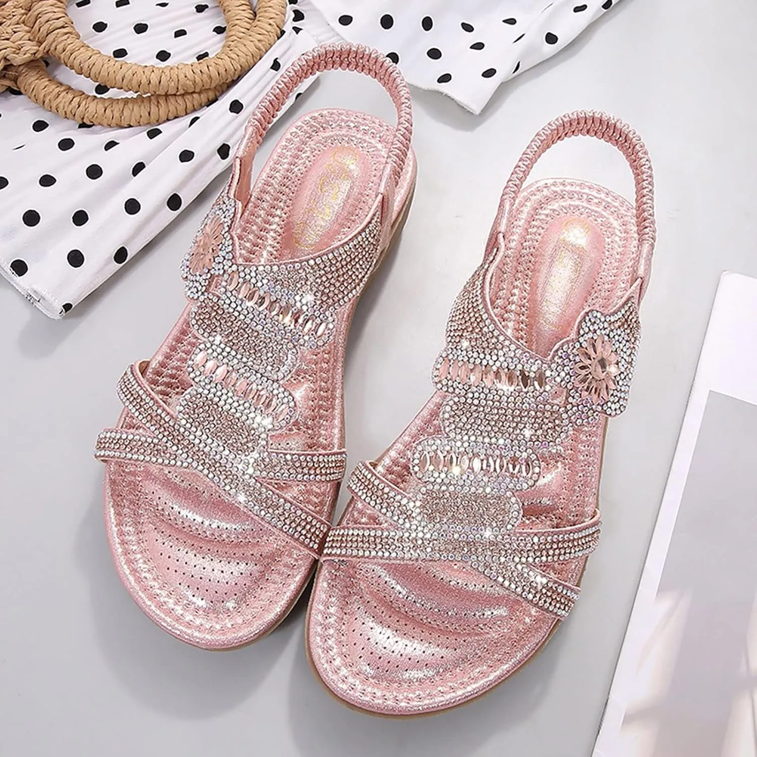 ZSpzx Womens Flat Sandals Flower Low Heel Dressy Elastic Ankle Strap Rhinestone Summer Comfortable Women's T-Strap Dress Open Toe Slip-On Casual Flowers Women Bohe Pearl Crystal Walking Beach Shoes