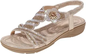 ZSpzx Womens Flat Sandals Flower Low Heel Dressy Elastic Ankle Strap Rhinestone Summer Comfortable Women's T-Strap Dress Open Toe Slip-On Casual Flowers Women Bohe Pearl Crystal Walking Beach Shoes