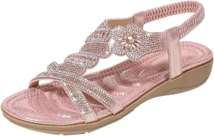 ZSpzx Womens Flat Sandals Flower Low Heel Dressy Elastic Ankle Strap Rhinestone Summer Comfortable Women's T-Strap Dress Open Toe Slip-On Casual Flowers Women Bohe Pearl Crystal Walking Beach Shoes
