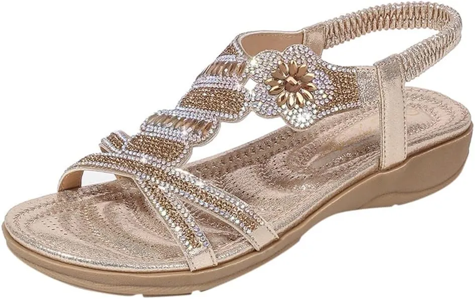 ZSpzx Womens Flat Sandals Flower Low Heel Dressy Elastic Ankle Strap Rhinestone Summer Comfortable Women's T-Strap Dress Open Toe Slip-On Casual Flowers Women Bohe Pearl Crystal Walking Beach Shoes