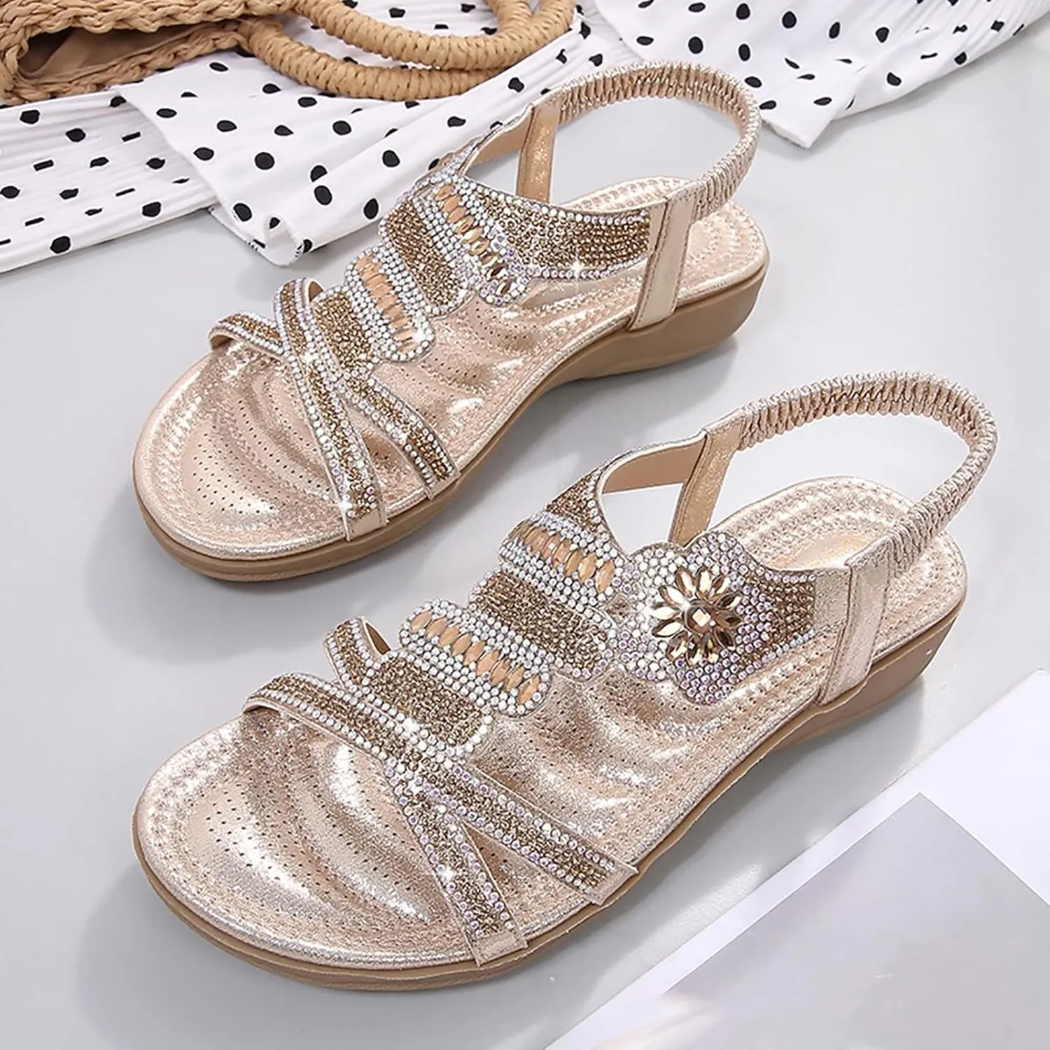 ZSpzx Womens Flat Sandals Flower Low Heel Dressy Elastic Ankle Strap Rhinestone Summer Comfortable Women's T-Strap Dress Open Toe Slip-On Casual Flowers Women Bohe Pearl Crystal Walking Beach Shoes