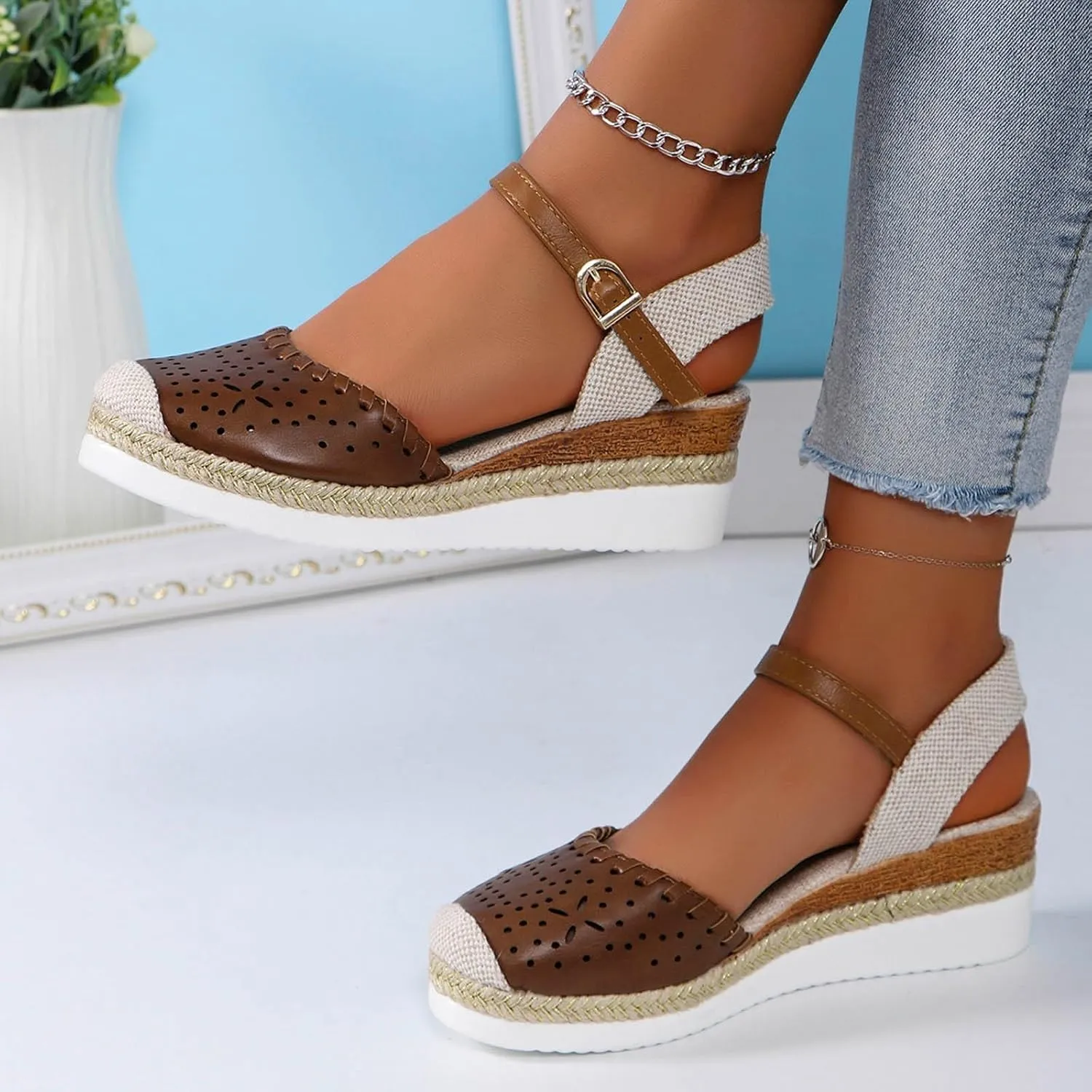 ZWRXW Closed Toe Sandals Women Arch Support Orthopedic Platform Wedge Sandals Buckle Ankle Strap Walking Sandal Boho Elegant Dressy Summer Shoes