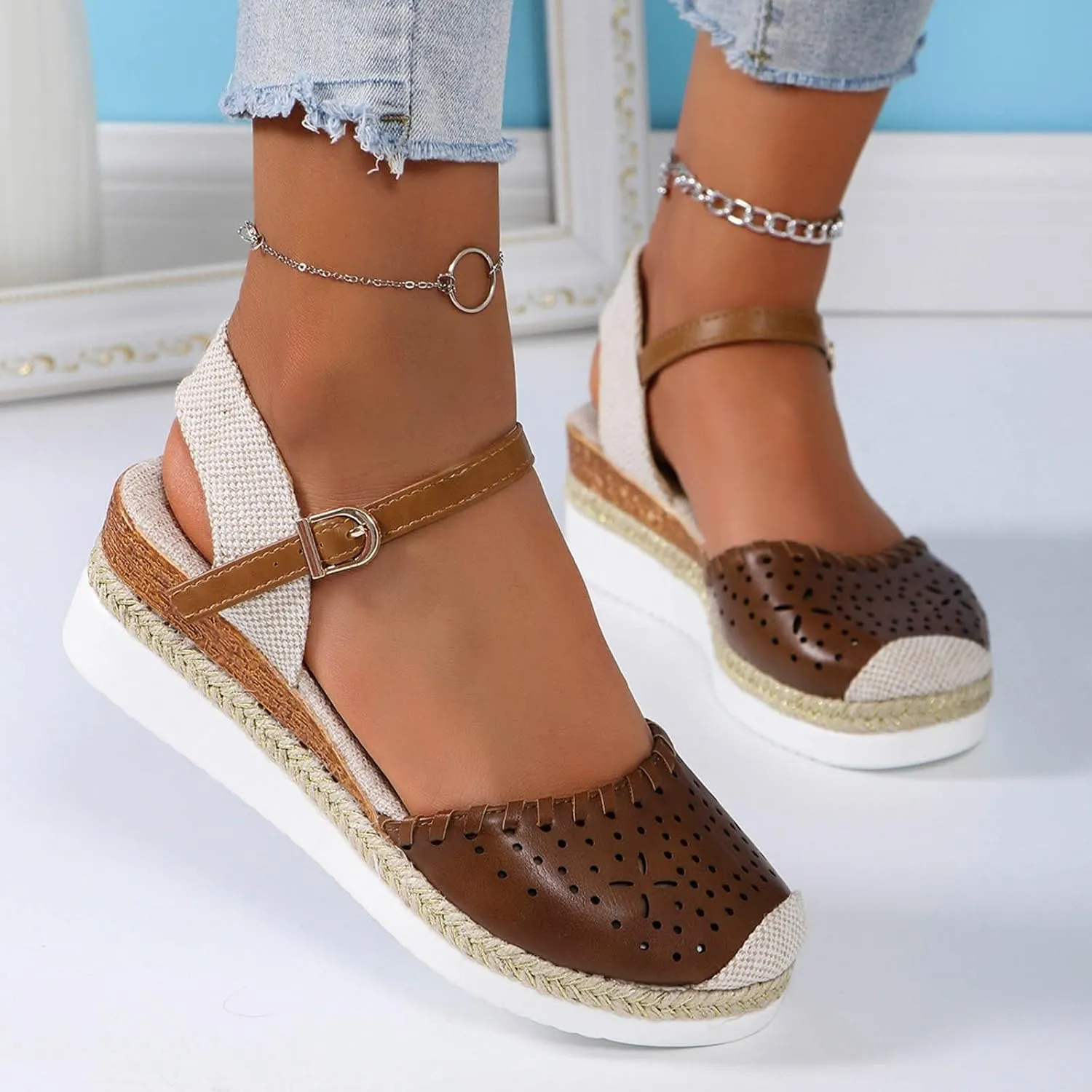 ZWRXW Closed Toe Sandals Women Arch Support Orthopedic Platform Wedge Sandals Buckle Ankle Strap Walking Sandal Boho Elegant Dressy Summer Shoes