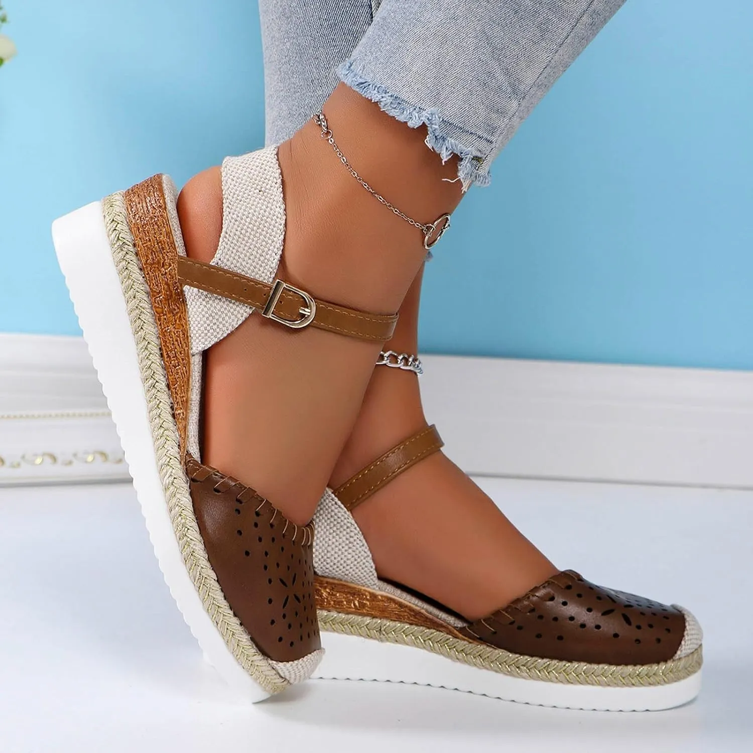 ZWRXW Closed Toe Sandals Women Arch Support Orthopedic Platform Wedge Sandals Buckle Ankle Strap Walking Sandal Boho Elegant Dressy Summer Shoes