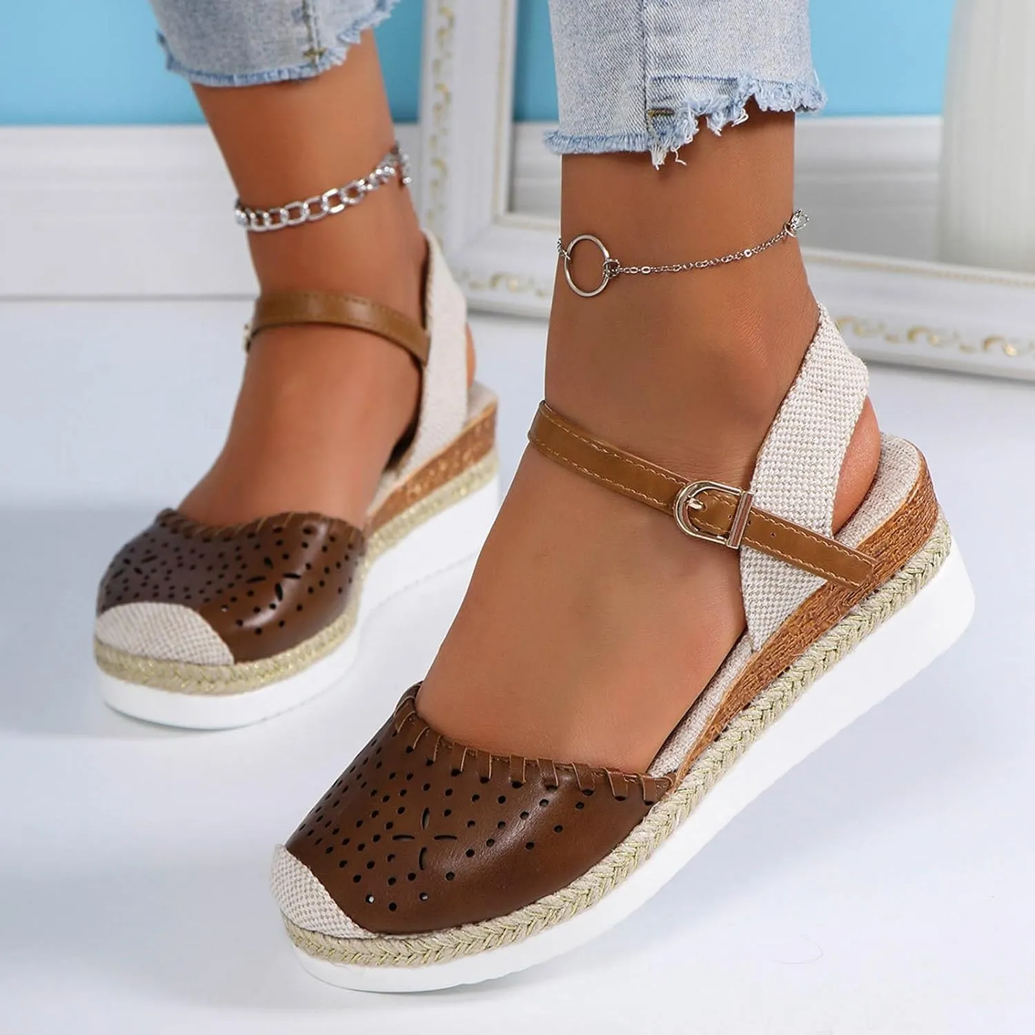 ZWRXW Closed Toe Sandals Women Arch Support Orthopedic Platform Wedge Sandals Buckle Ankle Strap Walking Sandal Boho Elegant Dressy Summer Shoes