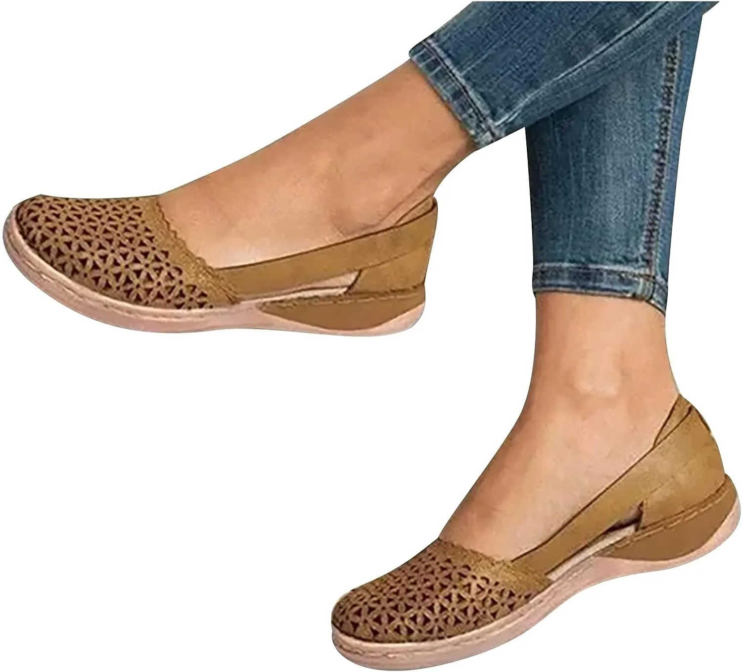ZWRXW Sandals for Women Dressy Hollow Ballet Flats Round Toe Low Heels Lightweight Flats Sandals Casual Summer Slides Sandal Wedge Shoes Walking Shoes with Comfortable Plantar Fasciitis Arch Support