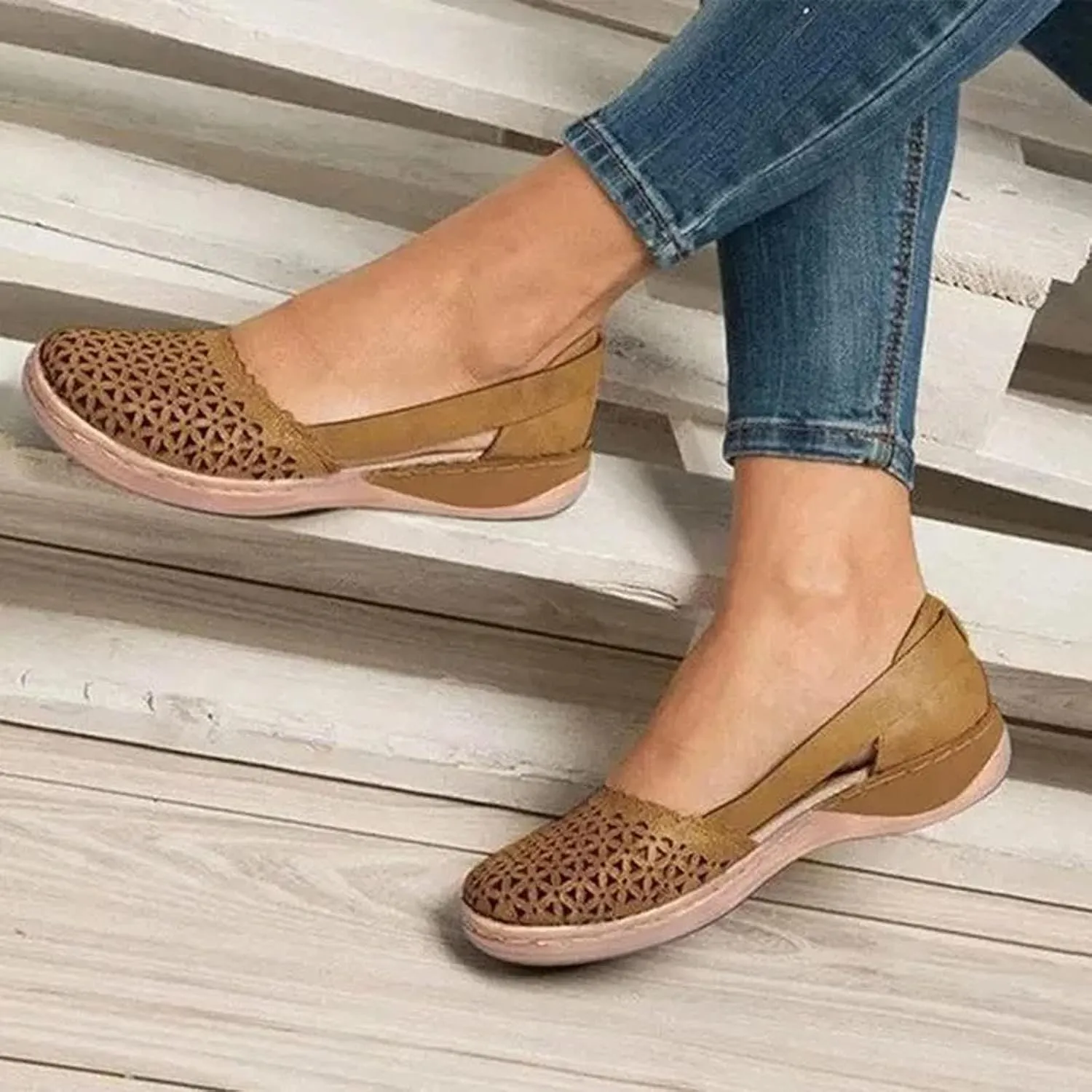 ZWRXW Sandals for Women Dressy Hollow Ballet Flats Round Toe Low Heels Lightweight Flats Sandals Casual Summer Slides Sandal Wedge Shoes Walking Shoes with Comfortable Plantar Fasciitis Arch Support